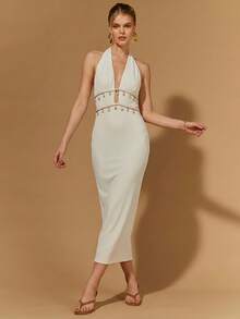 COSMINA Rochie elegantă de damă, cu decolteu în V, model scoică, de lungime medie, versatilă pentru naveta, vacanță, stil boem, nuntă, întâlnire, Ziua Îndrăgostiților - Caisă - Vizualizare 7