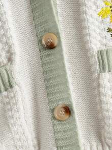 ROMWE Fairycore Contrast Color V-Neck Long Sleeve Front Button Floral Embroidery Cardigan - Multicolor - View 3