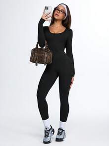 Eassivo Eassivo Bộ áo liền quần dài tay màu trơn hở lưng dành cho nữ - màu đen - Xem 6