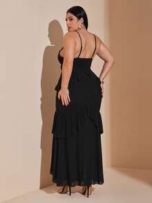 SHEIN BAE Plus Size Black Spaghetti Strap Knit Mesh Ruffle Dress,Women's Elegant Summer Wedding Guest Dress, Night Out Club Formal Valentine Outfits - Black - View 2