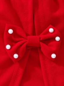 两件套女童罗纹无袖珍珠荷叶边上衣和纯色蝴蝶结短裙，休闲夏季套装 - 紅色 - 查看 7