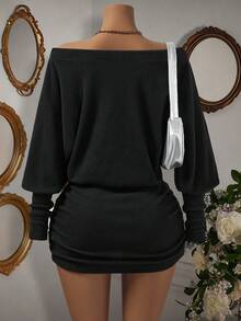 SHEIN LUNE Đầm ôm body tay dài gợi cảm cho nữ, Đầm ôm body hở vai cho nữ, Đầm dự tiệc đường phố thường ngày - màu đen - Xem 2