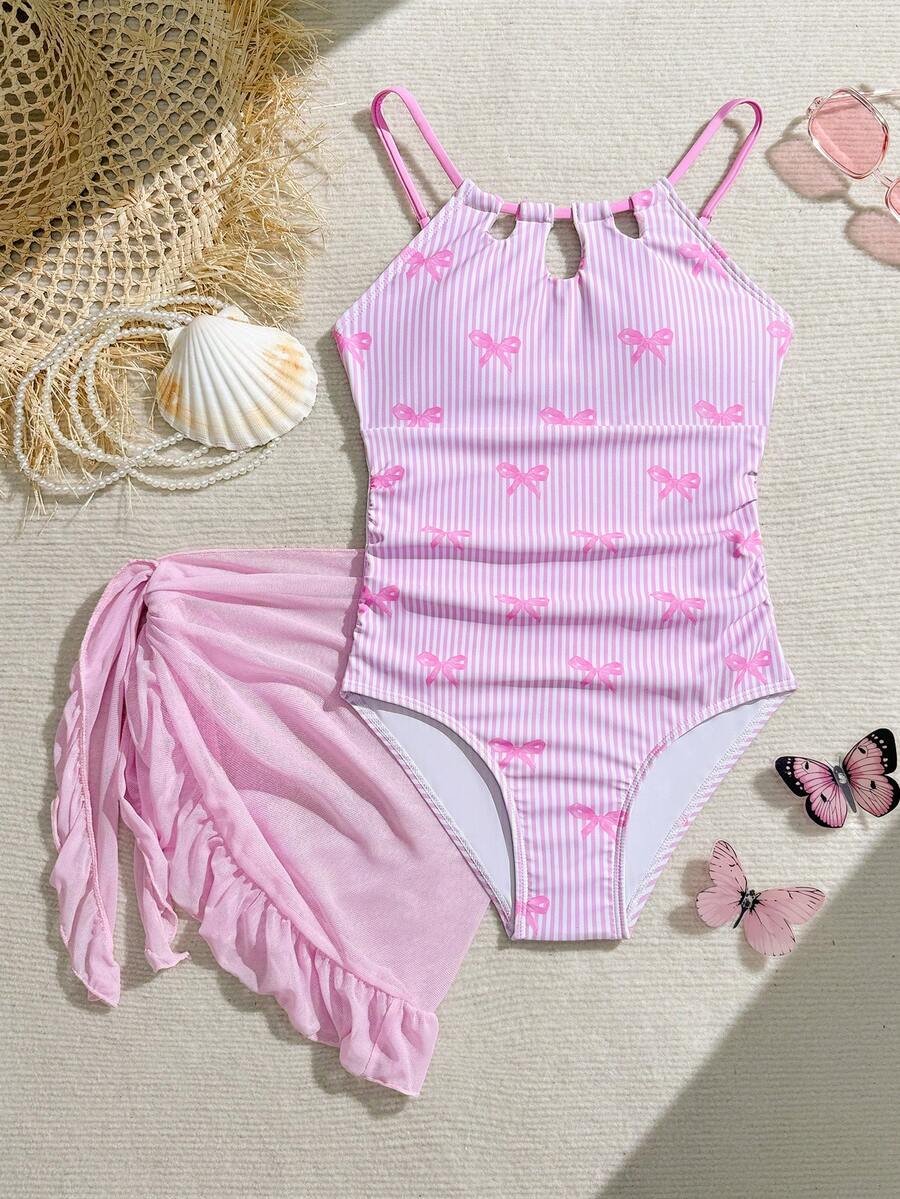 SHEIN 8-12岁女童露背连体泳衣，带裙式罩衫，粉色条纹蝴蝶结印花泳装，镂空设计弹力泳衣