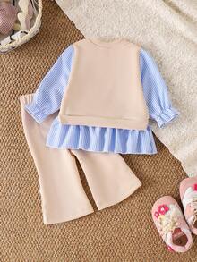 Souflis Souflis Charming Toddler Girl Apricot Two Piece Set Round Neck Ruffle Top Long Sleeve And Pants With Flower Detail For Spring - Apricot - View 2