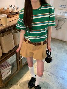 K-Vae Women's Green Striped Round Neck Short Sleeve T-Shirt - Green - View 2