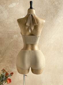 Soleia 女士度假休闲露背吊带上衣和短裤两件套 - 卡其色 - 查看 2