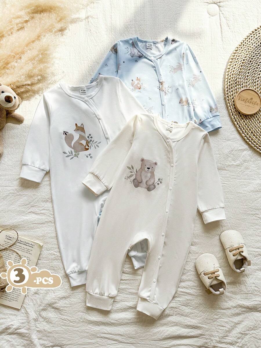 Vintaside Kids Baby Boy Cute Cartoon Animal Print Long Sleeve Romper, Suitable For Spring & Autumn