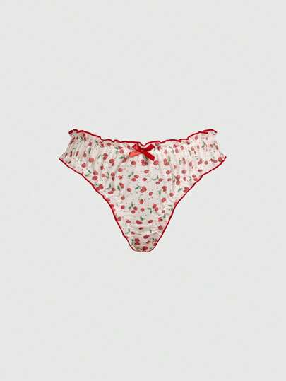 Kawaii Women's Sweet Polka Dot Cherry Bow Narrow Edge Mesh Thong Panties