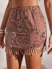 Opulessa Women's Dusty Pink Floral Sequin Tassel Hem Skirt,Elegant Wedding Guest,Birthday,Bar Party,Autumn,Spring Break,Summer,Valentine's Day,Beach,Vacation - Brown - View 5