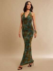 Silquee 秋冬季绿色植绒花卉垂褶领口系带修身优雅性感长裙，适合情人节、圣诞节、约会、外出、夜店派对、优雅派对、伴娘礼服、婚礼季等场合。 - 綠色 - 查看 4