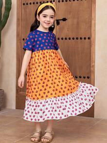 Young Girl Loose Fit Casual Colorblock Rose & Ditsy Floral Patchwork Long Sleeve - Multicolor - View 6
