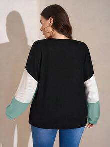 SHEIN LUNE Sudadera holgada de cuello redondo con mangas farol y contraste de color, ropa de otoño talla grande - Agua verde azul - Ver 2