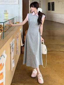 DAZY Abito midi casual da donna con colletto polo e maniche corte, a contrasto di colore, abito estivo - Grigio - Visualizzare 7