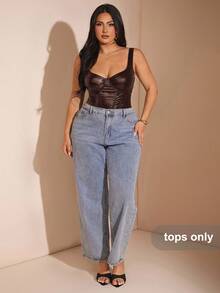 SHEIN BAE Plus Size Women Summer/Autumn PU Bustier Bodysuit - Coffee Brown - View 6