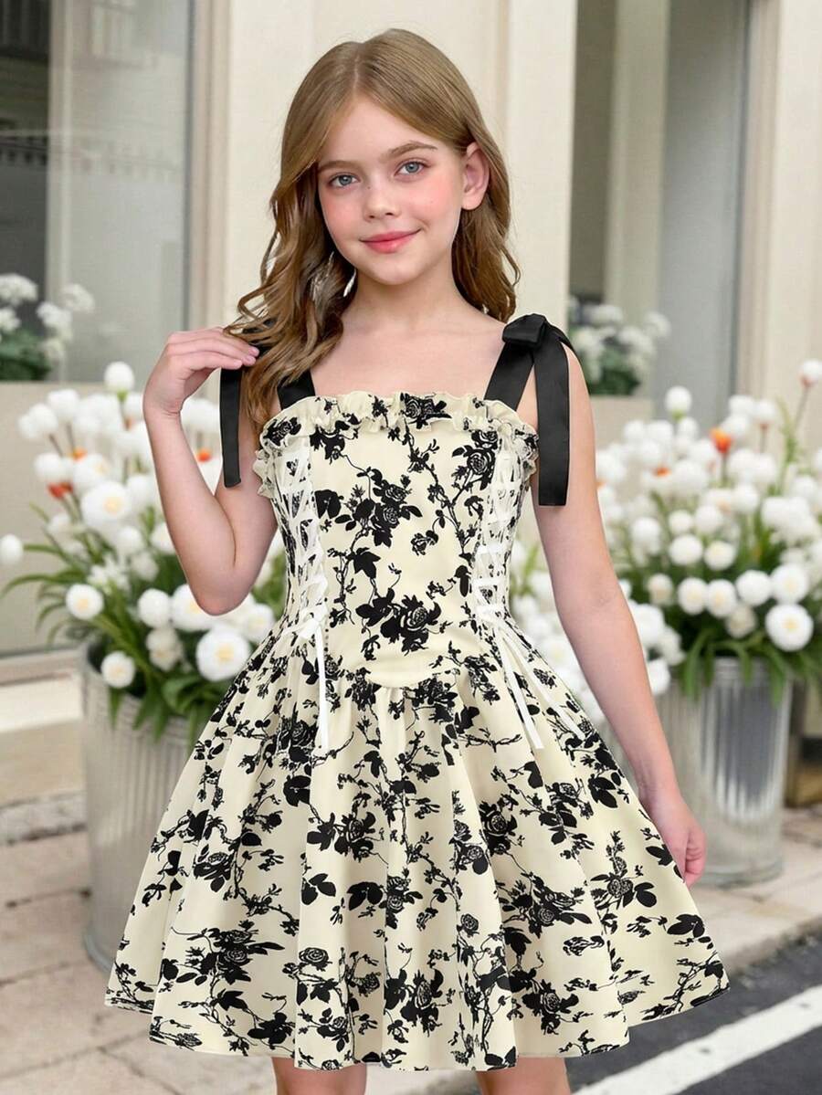 SHEIN 少女优雅甜美蝴蝶结吊带印花连衣裙 - 黑與白 - 查看 1
