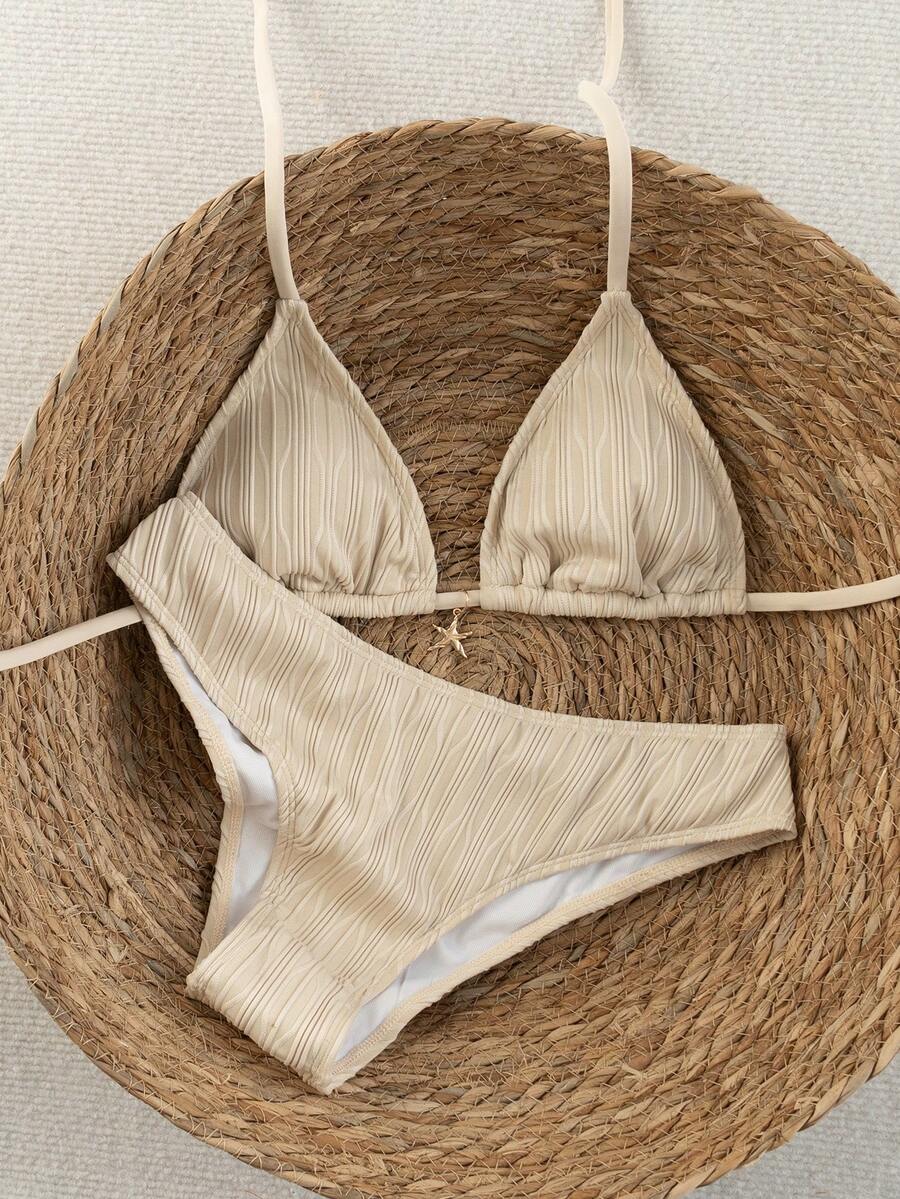 Swim Vcay 2026春夏女士波点印花挂脖泳衣，高衩下装，两件式比基尼套装 - 杏色 - 查看 1