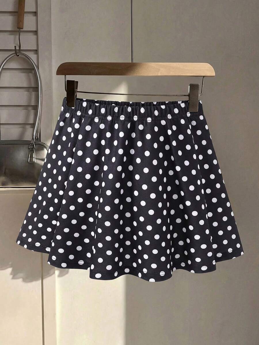 Tween Girls' Retro Style Black Mini Skirt With White Polka Dots, High Waist, Flared Silhouette, Retro Style, Perfect For Casual And Party Styling, Timeless Fashion Item. - Black - View 1