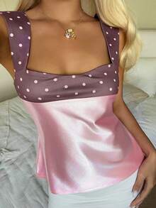 CovetEZ Women's Clothing 2026 New Sweet Casual Party Glossy Satin Pink Polka Dot Color Block Patchwork Back Tie-Up Camisole Top - Pink - View 4
