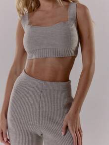 MUSERA Gerippter Strick-Quadrat-Ausschnitt Bralet, Leggings mit hoher Taille und Gummizug, Koordinations-Set, nur klassisch sexy Streetwear für Nachtausgänge - Hellgrau - Übersicht 5
