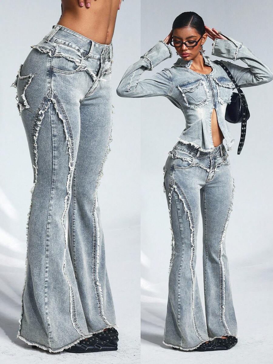SHEIN Unity Jeans de campana con bolsillos, botones y dobladillo deshilachado, versátiles y casuales para ir al trabajo - Lavado ligero - Ver 1