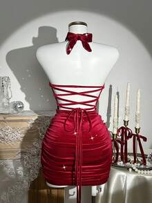 Franclia Women's Halter Bodycon Ruched Side Backless Tie Waist Mini Dress, Suitable For Dates, Chinese New Year, Valentine's Day, Christmas, Daily Wear, Summer, Red Dress, Burgundy, Party - Red - View 2