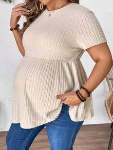 SHEIN 孕妇加大码纯色圆领短袖荷叶边下摆休闲T恤