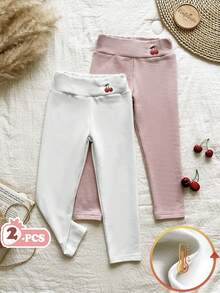 SHEIN Vintaside Kids 两件装女童打底裤，绣花蝴蝶结图案，天鹅绒内衬，适合日常休闲穿着，秋冬季节。 - 白色 - 查看 1