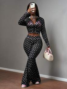 Slaydiva New Spring/Summer Casual Street Style Sexy Slim Fit Black Polka Dot Letter Print Hooded Cardigan Long Sleeve T-Shirt + Flared Pant Women Two Pieces Set.Suitable For Valentine's Day, Dates, Party, Gatherings, Holidays, Vacation,Nomadic Style, Beach, Seaside,Concerts, Everyday Outings, New Year's, Revelry, Brunch Outfits, Hot Girl, Wedding Guest Outfits, Wedding Season,-B Pants Set Two Piece - Multicolor - View 9