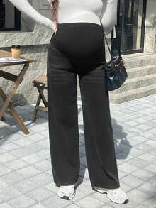 SHEIN 可调节腰围宽松孕妇直筒牛仔裤 - 黑色 - 查看 4