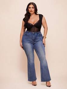 SHEIN BAE Áo liền thân không tay ren màu trơn cỡ lớn - màu đen - Xem 5