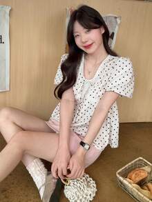 DAZY Áo kiểu nữ tay phồng phối ren chấm bi, phong cách Hàn Quốc, thích hợp cho mùa xuân/hè. - Màu be - Xem 6