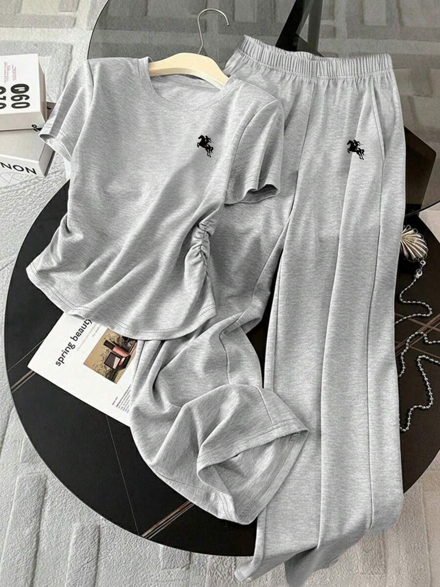 SHEIN 少女荷叶边T恤和阔腿裤套装,休闲半人马印花宽松上衣和阔腿裤,灰色两件套 - 灰色 - 查看 1