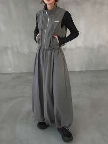 FRIFUL 2pcs Women's Cargo Style Vest Jacket And Skirt Set - Dark Grey - View 4