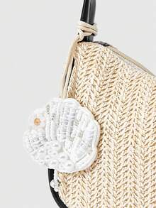 ROMWE Fairycore Bộ 1 túi xách đi biển móc len họa tiết hoa và phụ kiện, túi đeo vai thời trang cá tính dành cho nữ, phong cách nghỉ dưỡng biển (Bao gồm 1 túi và 1 bộ phụ kiện) - Túi đeo vai màu đen vỏ sò trắng - Xem 3