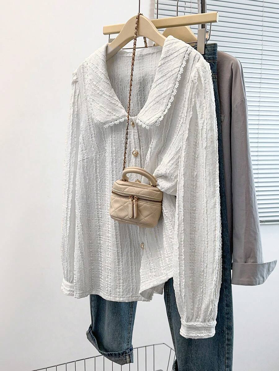 GlowEve CURVE Plus Size Women's Solid Color Puff Sleeve Round Neck Blouse, Academic Style, Teacher , Back To School - White - View 1