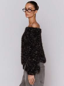 MUSERA Áo len dệt kim kẻ sọc dáng rộng, hở vai. Thích hợp cho các dịp: Thường ngày, đi chơi, mùa thu, buổi tối, hẹn hò, ấm áp, thanh lịch, mùa xuân, hè. - màu đen - Xem 4