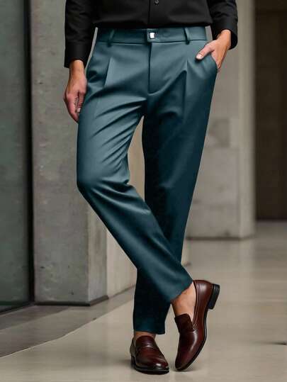 Manfinity Mode 男士西装裤，商务通勤时尚休闲裤，男士百搭正装裤，理想礼品之选，男士正装裤，男士褶裥裤，男士褶裥西装裤，复古风格，日常休闲，周末旅行，户外活动，探险旅行，轻松的工作环境或半正式场合，男友/丈夫礼物，周年纪念/生日礼物，派对，夏季假期，婚礼，春夏男士正装裤，男士休闲裤