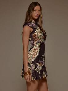 MUSERA Floral Animal Print Satin Keyhole Tie Front Pleated Mini Dress Valentines Sexy Cute Party Romantic Night Out Occasion Winter Vacation Spring Summer Elegant Dresses - Multicolor - View 4