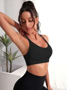 SHEIN Velisys 2 chiếc áo ngực thể thao nữ màu trơn, không đường may, độ co giãn cao, thoải mái, phù hợp mặc hàng ngày. - màu đen - Xem 5