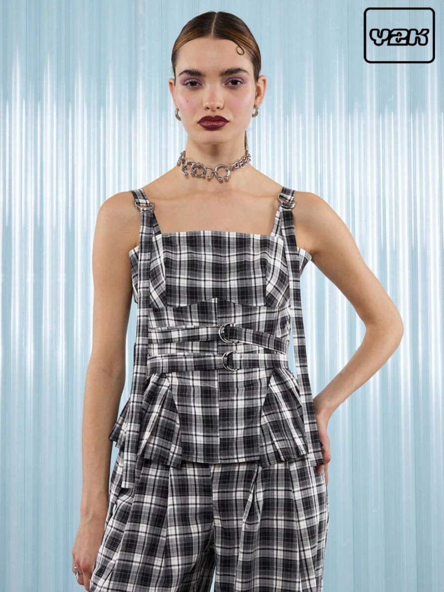 COUREZ 荷叶边细节束身胸衣/Y2K风格外出上衣 女士可爱春季上衣 外出上衣 派对上衣 性感上衣 - 黑與白 - 查看 1