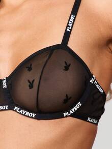 Missguided x Playboy Lace Mesh Bra And Thong Set With Bunny Print Underwired Lingerie Collection - Black - View 4