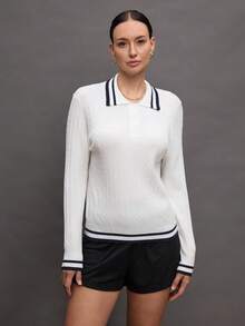 Activina Women's Striped Patchwork Polo Collar Long Sleeve Sweater - White - View 3