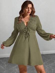 Elegantrix Đầm dự tiệc phối ren cỡ lớn dành cho nữ, thích hợp cho mùa Thu/Đông. - Màu xanh Ô liu - Xem 3