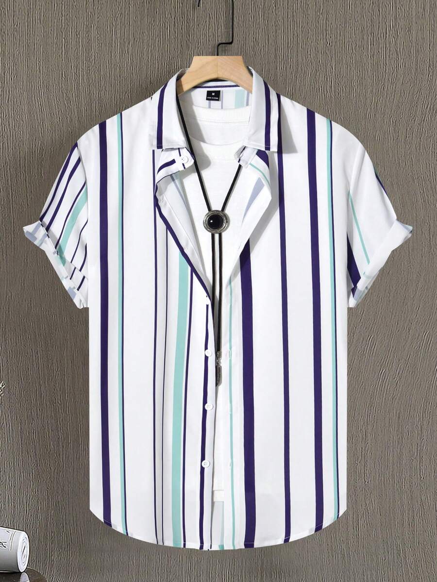 Manfinity Homme 男士對比色簡約印花短袖襯衫(不對稱印花) - 彩色 - 查看 1