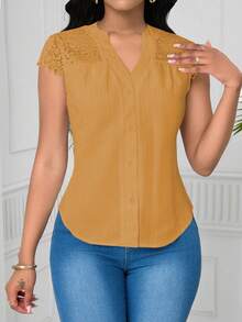 Lunelith SHEIN Lunessa Elegant Lace Patchwork Wave Striped Short Sleeve Women Blouse - Orange - View 5