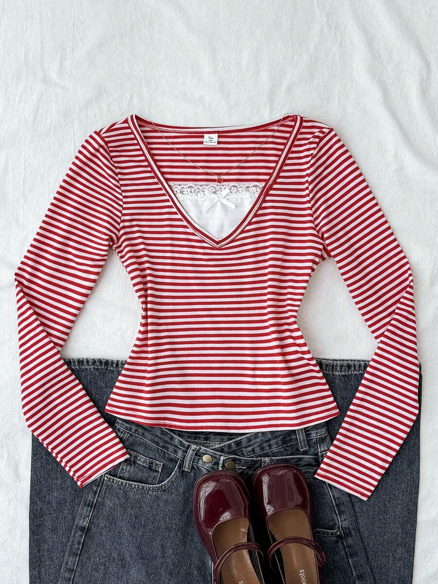 Teen Girls Striped Contrast Lace Casual Versatile Daily Wear Long Sleeve T-Shirt - Red and White - View 1