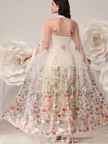 SHEIN Ensemble 2 pièces de vêtements de maternité avec châle en maille à broderie florale et robe tube ajustée, robe élégante d'été bleue à papillon pour femme enceinte invitée à un mariage - Nude - Voir 8