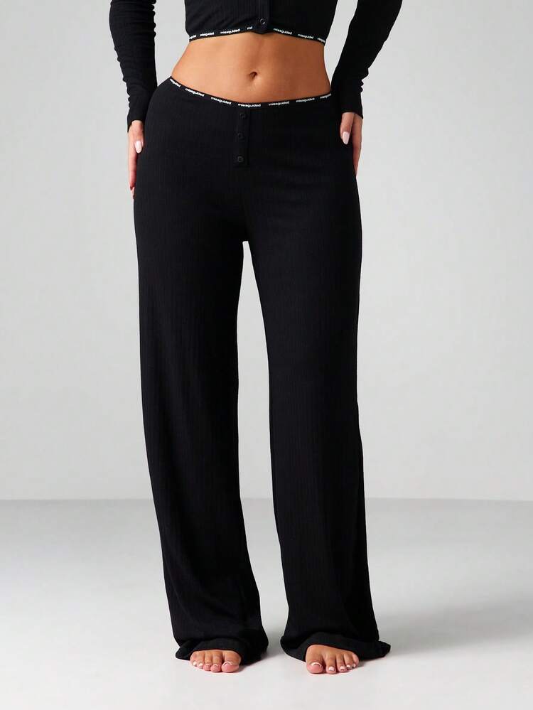 MISSGUIDED Ribbed Button Front With Elastic Waist Band Sleep Pajama Pants Loungewear