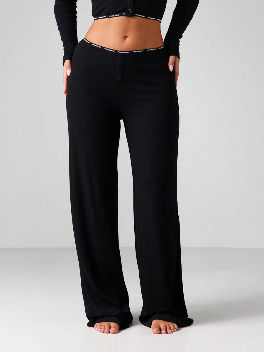 MISSGUIDED Ribbed Button Front With Elastic Waist Band Sleep Pajama Pants Loungewear - Black - View 1