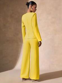 RueChic Women's Incaberry Yellow Suit Set – Fitted Waist Blazer With Self-Fabric Buttons, Long Sleeve, High Waisted Tailored Pants, Elegant Two Pieces Office Outfit - Yellow - View 2